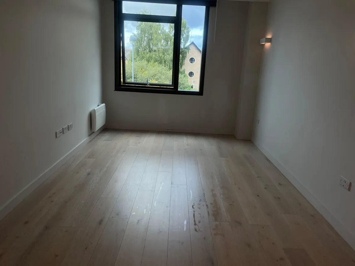 Empty room with clean wood-effect floor and tall window
